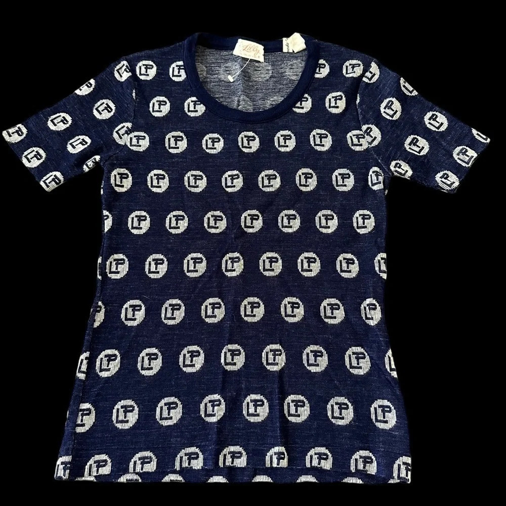 Vintage 60s 70s The Lilly Pulitzer Navy Blue LP Short Sleeve Sweater Top Acrylic
